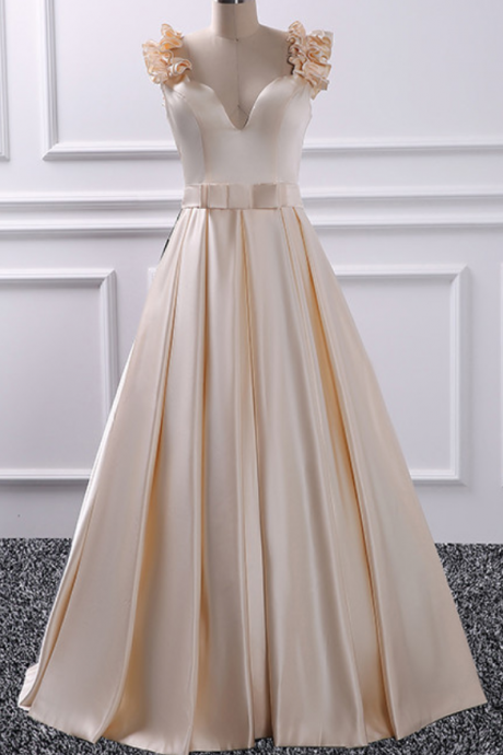 Fashion Satin Floor Length V Neck Champagne Prom Dress ,flower Shoulder Prom Dresses With Belt, Party Dresses, Evening Dresses