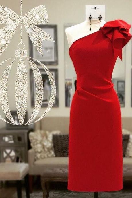 Custom Made Red One Shoulder Short Bridesmaid Dress With Ribbon