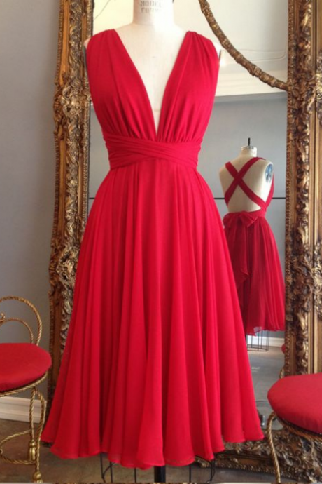 Customisable Red Strappy Plunging V-neckline A-line Knee Length Bridesmaid Dresses