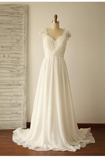 Sleeveless Ruched Chiffon A-line Wedding Dress, Beach Wedding Dress