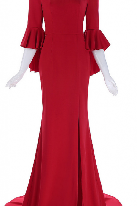 Red Mermaid Evening Dress Three Quarter Ruffle Sleeve High Split Long Special Occasion Dresses