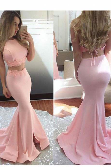 Pink Prom Dress,two Piece Prom Dress,halter Prom Gown,sleeveless Evening Dress,sexy Mermaid Party Dresses