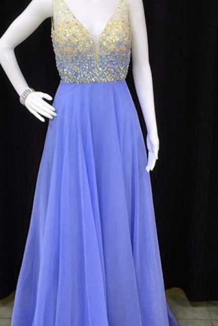 Long Chiffon Prom Dress,v Neck Crystal Evening Dress,beaded Prom Dresses, Floor Length Prom Dresses