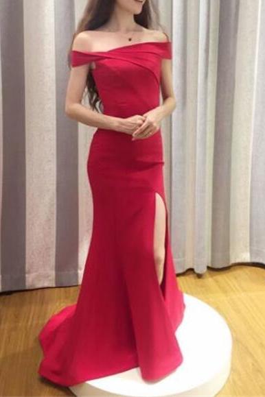  New Arrival Prom Dress,Mermaid Prom Dresses,Red Prom Dress, Simple Evening Dress with Slit,Long Prom Dress