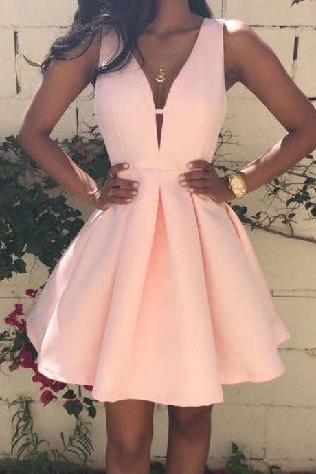 Homecoming Dresses Pink Sleeveless Matte Satin Zippers Ruching Mini Deep V Neck A-line/column