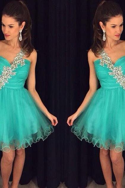 Homecoming Dresses Sky Blue Sleeveless Tulle Zipper-up Appliqued Mini One Shoulder A-line/column