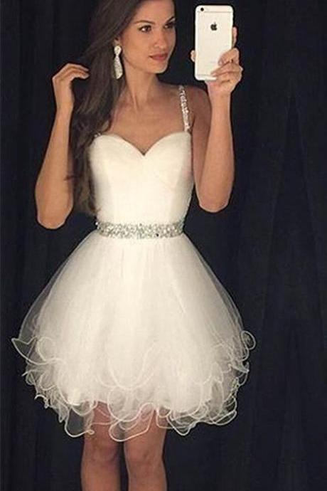  Homecoming Dresses White Sleeveless Zippers Crystal Floral Pin Above Knee Spaghetti Straps A Line