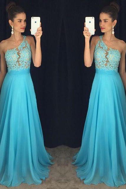 One Shoulder Prom Dress,beading A-line Blue Lace Evening Dresses