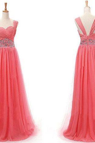  Watermelon Pink Prom Dresses,Straps Prom Dress,Evening Dress