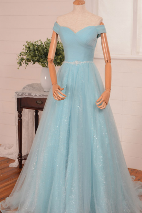  A-Line Prom Dresses,Off Shoulder Prom Dress,Light Blue Evening Dress