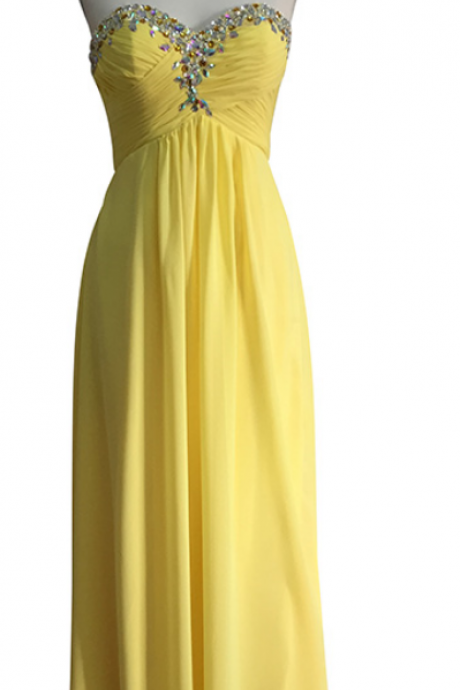 Yellow Beaded Embellished Ruched Sweetheart Floor Length A-line Formal Dress, Prom Dress