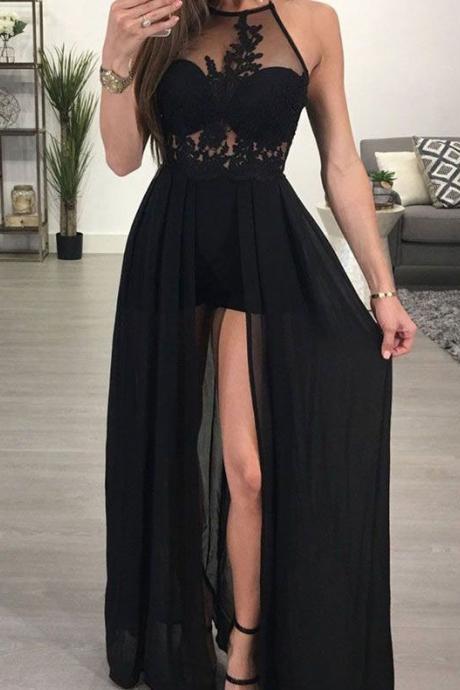  Sexy Long Black Prom Dresses with Appliques Shorts