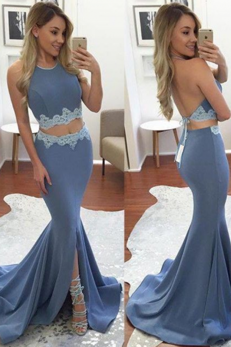 Prom Dresses,lace Prom Dress, Prom Gown,2 Pieces Prom Dresses,lace Evening Gowns,2 Piece Evening Gown,lace Blue Prom Gowns
