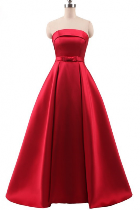 Red A Line Prom Dresses Satin Strapless Evening Gowns With Belt