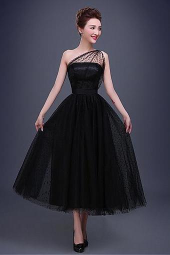  In Stock Elegant Dot Tulle One-Shoulder Neckline A-line Evening Dress