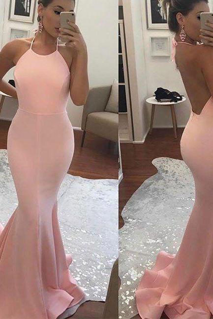 Halter Mermaid Long Prom Dress ,open Back Evening Dress,pink Party Dress, High Quality