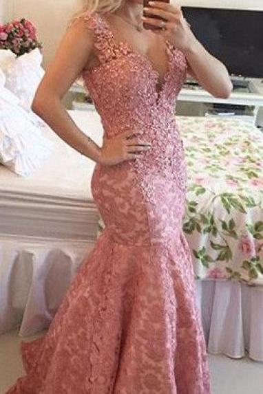 Dark Pink Mermaid Appliques Women's Evening Party Gowns,open Back Prom Dress