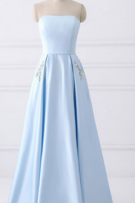  Simple A-line Strapless Long Cheap Prom Dresses with Pocket, Light Blue Satin Prom Gowns