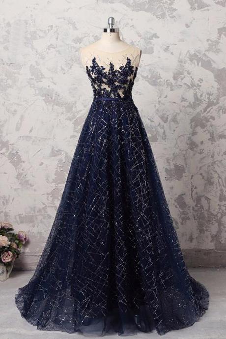 Navy Blue, Sequins Tulle Long, Halter Formal Prom Dress With Appliques,evening Dress