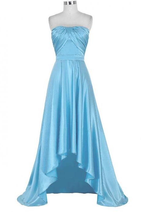 Blue Satin High Low A-line Prom Dress Featuring Ruched Strapless Straight