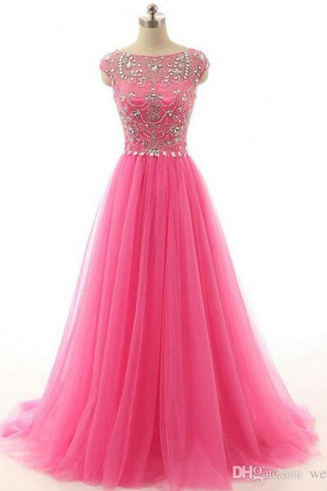 Luxury Prom Dressess Pink Sheer Bateau Neck Capped Shoulder Crystals Beads Sequins Embellished Tulle Prom Dress Evening Gown