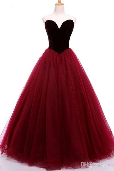 Stunning Prom Dressess Dark Red Burgundy Velvet Prom Dress Sweetheart Sleeveless Zipper Up Tulle Evening Gowns Party Wear