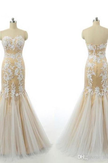 Gorgeous Evening Dressess Custom Made Mermaid Lace Appliques Champagne Tulle Evening Dress Prom Gowns Cheap Pageant Wear