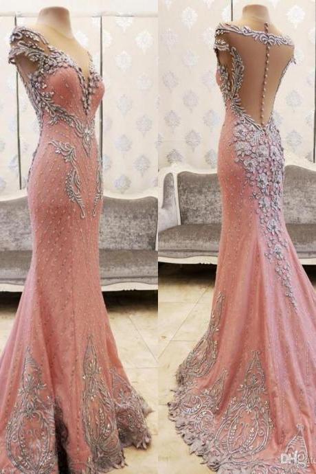 Lace Crystals Beaded Pink Prom Dresses Sheer Neck Mermaid Back Covered Buttons Sweep Train Saudi Arabia Evening Party Dresses