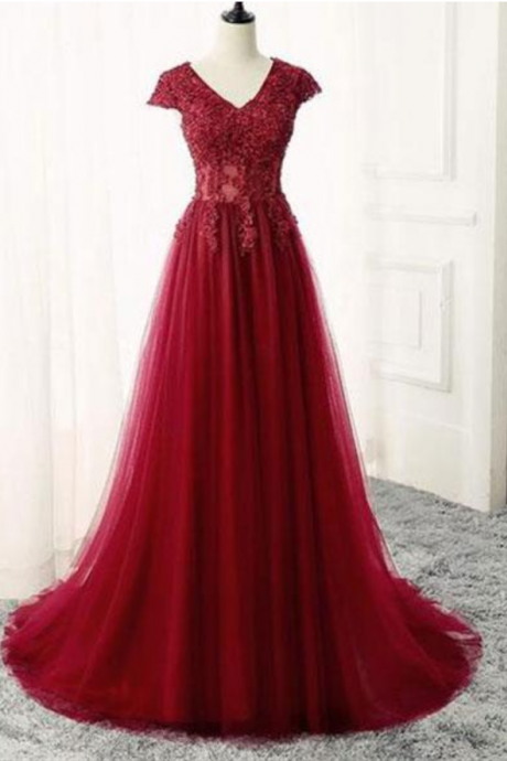Burgundy V Neck Lace Long Prom Dress, Burgundy Evening Dress