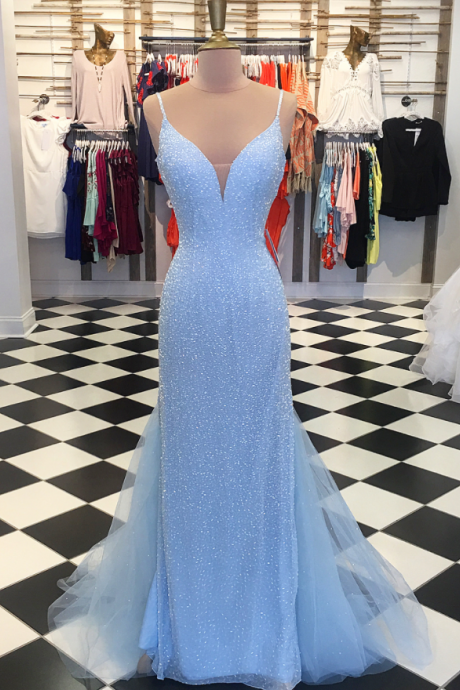 Charming Blue Mermaid Prom Dress, Sexy Spaghetti Straps Long Prom Dresses, Formal Evening Dress