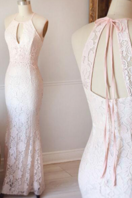 Pretty Halter Prom Dresses,pink Lace Prom Dress,mermaid Evening Dress