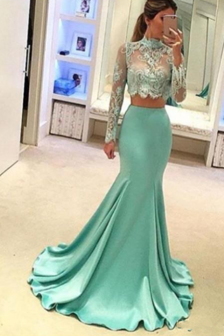 Mint Green Mermaid Style 2 Piece Prom Dresses Long Sleeve High Quality Sheer Lace Special Occasion Party Dress For Evening Gowns