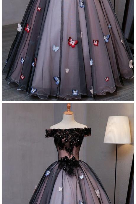 Princess Black Tulle Off Shoulder Long Evening Dress With Butterfly Appliques, Long Strapless Black Prom Dress