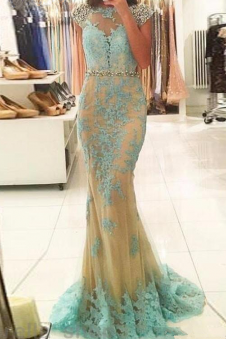 Sexy Champagne Mermaid Evening Dresses Sheer Neck Backless Crystal Beaded Appliques Evening Party Gowns Long Sweep Train