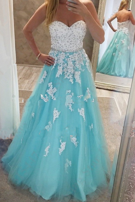 Elegant Blue Evening Dresses Long Elegant Sweetheart Tulle Prom Dress With Beaded Bodice Lace Applique Formal Gowns