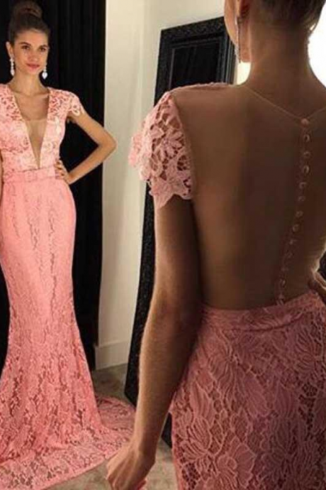 Cap Sleeve Peach Lace Mermaid Evening Prom Dresses, Sexy See Through Prom Dress, Custom Long Prom Dress,