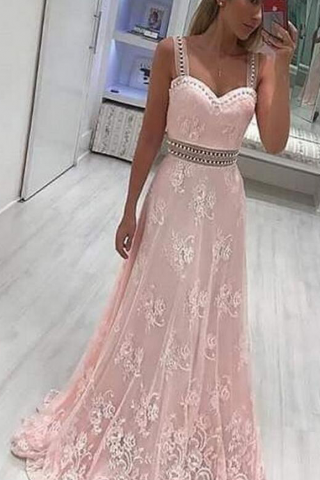 A-line Scoop, Sweep Train ,pink Lace Prom Dress With Beading Appliques,sleeveless Evening Dress