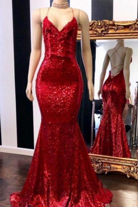 Bling Bling Sequined Red Evening Dresses Mermaid Style V-neck Criss Cross Open Back Red Prom Dress Formal Evening Gowns Elegant