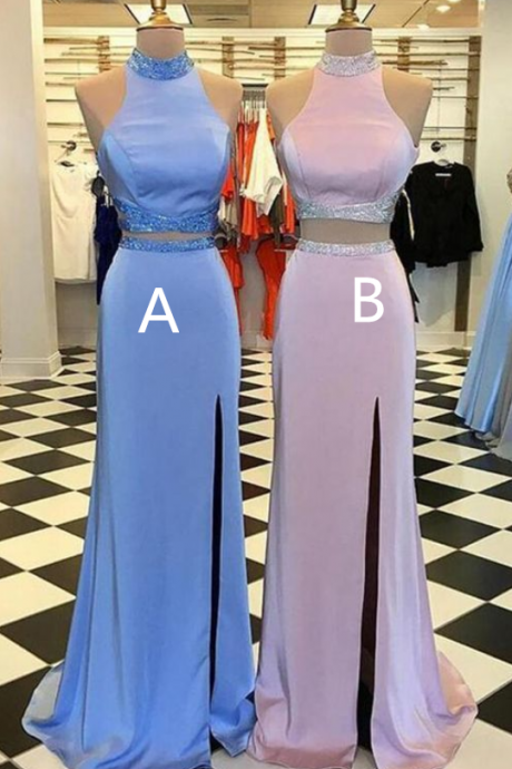 Two Piece Prom Dresses,high Neck Prom Dress,prom Dress With Slit