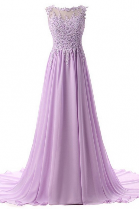 Longo Scoop Lace Appliques Elegant Purple Chiffon Evening Prom Dresses