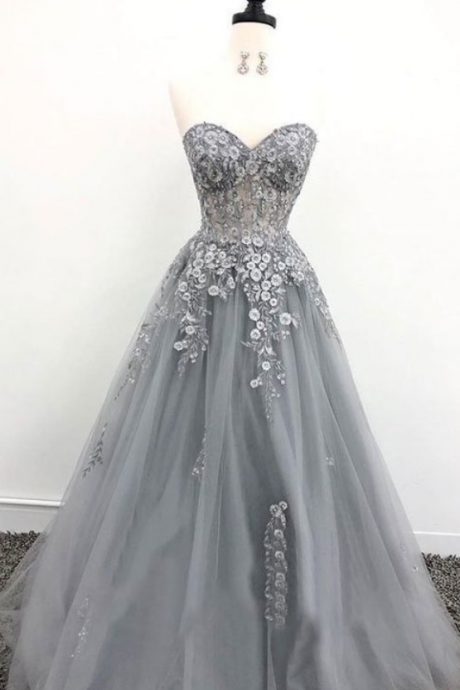 Stunning Gorgeous Fairy Prom Dresses Sweetheart A-line Long Tulle Grey Prom Dress Fashion Evening Dress