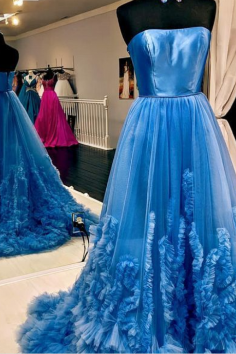 Strapless Blue Tulle Long Prom Dress, Pretty Beautiful Elegant Long Prom Dress