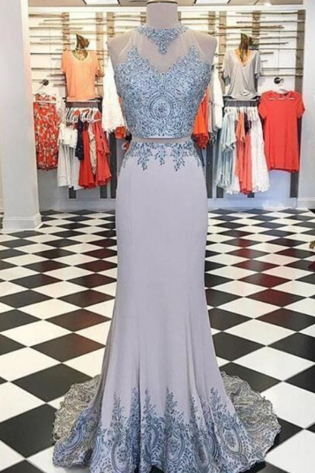 Custom Made Unique Prom Dress, Gray Lace Satin Prom Dress, Sleeveless Long Prom Dress With Appliques