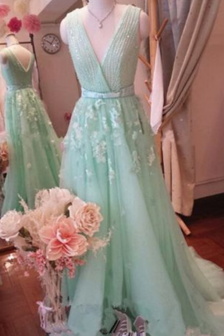 Gorgeous Custom Made A Line Mint Green Chiffon Long Prom Dress, Sexy V Neck Appliques Evening Dress