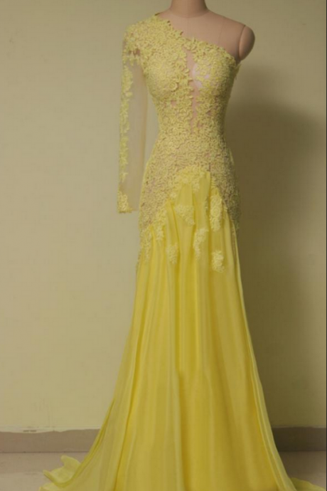 One Shoulder Prom Dresses,lace Evening Dress,chiffon Prom Dress,yellow Prom Dresses