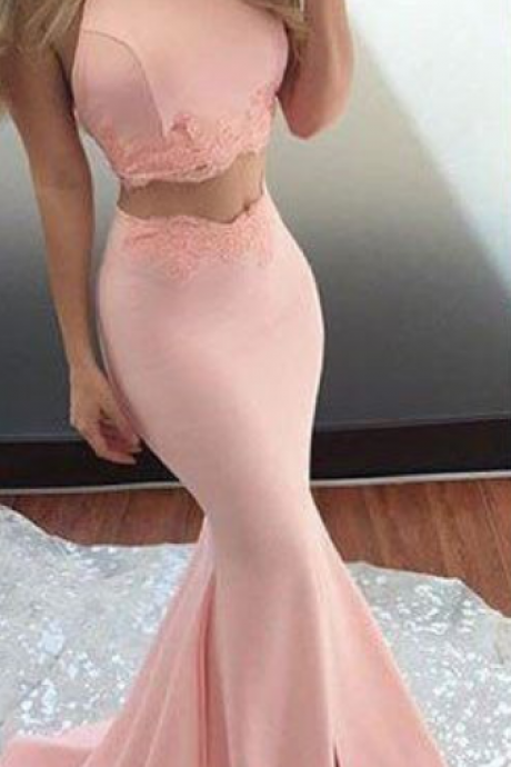 Pink Mermaid Prom Dress,two Pieces Lace Prom Dress,custom Made Evening Dress
