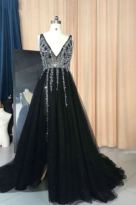 Sexy V Neckline Beaded Black Evening Dresses,sweep Train Formal Dresses Black,shinning Evening Party Dresses 2018
