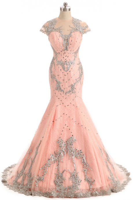 Pink Beaded Mermaid Prom Dresses Cap Sleeve Formal Women Evening Gowns Vestido De Festa