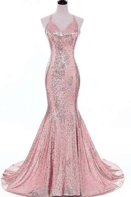  Pink Sequins Halter Long Mermaid Shinny Prom Dresses , Pink Party Gowns, Sequins Party Dresses