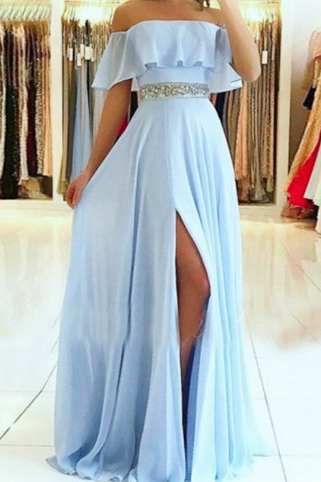 A-line Off The Shoulder Split Front Blue Chiffon Prom Dress With Beading Belt